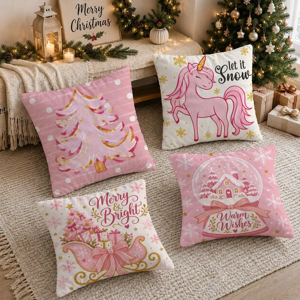 4PC Blush Pink Christmas Cushion Cover Soft Plush Double-Sided Print Pillow Case Home Decor for Sofa Living Room Gift
