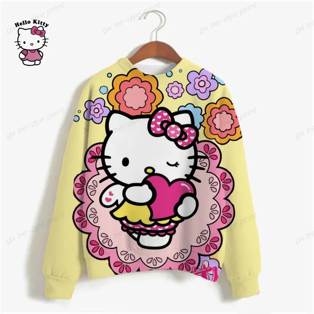 Casual HELLO KITTY Print Sweatshirt Women Fashion Cartoon Long Sleeve Loose Hoodies Y2k Streetwear 2024 Autumn Lady Pullovers