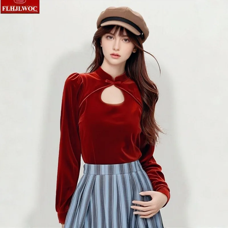 

New Year Christmas Red French Tops Blouses Woman Autumn Winter Basics Elegant Retro Vintage Top Hollow Out Stand Collar Shirt