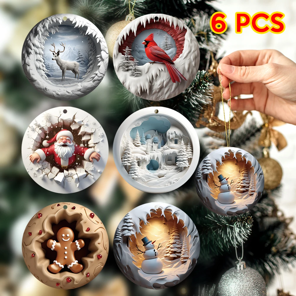 6pcs/set 3D Christmas Ornaments Memorial Gifts,Elk,Gingerbread Man,Snowman,Santa Claus Hanging Decorations,ChristmasTree Omament