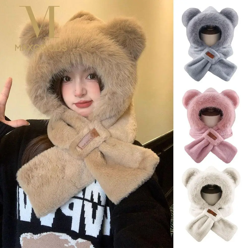 Mignon peluche hiver intégré casquette écharpe chaud épaissi bonnet chapeau écharpe décontracté doux cou plus chaud pour les femmes