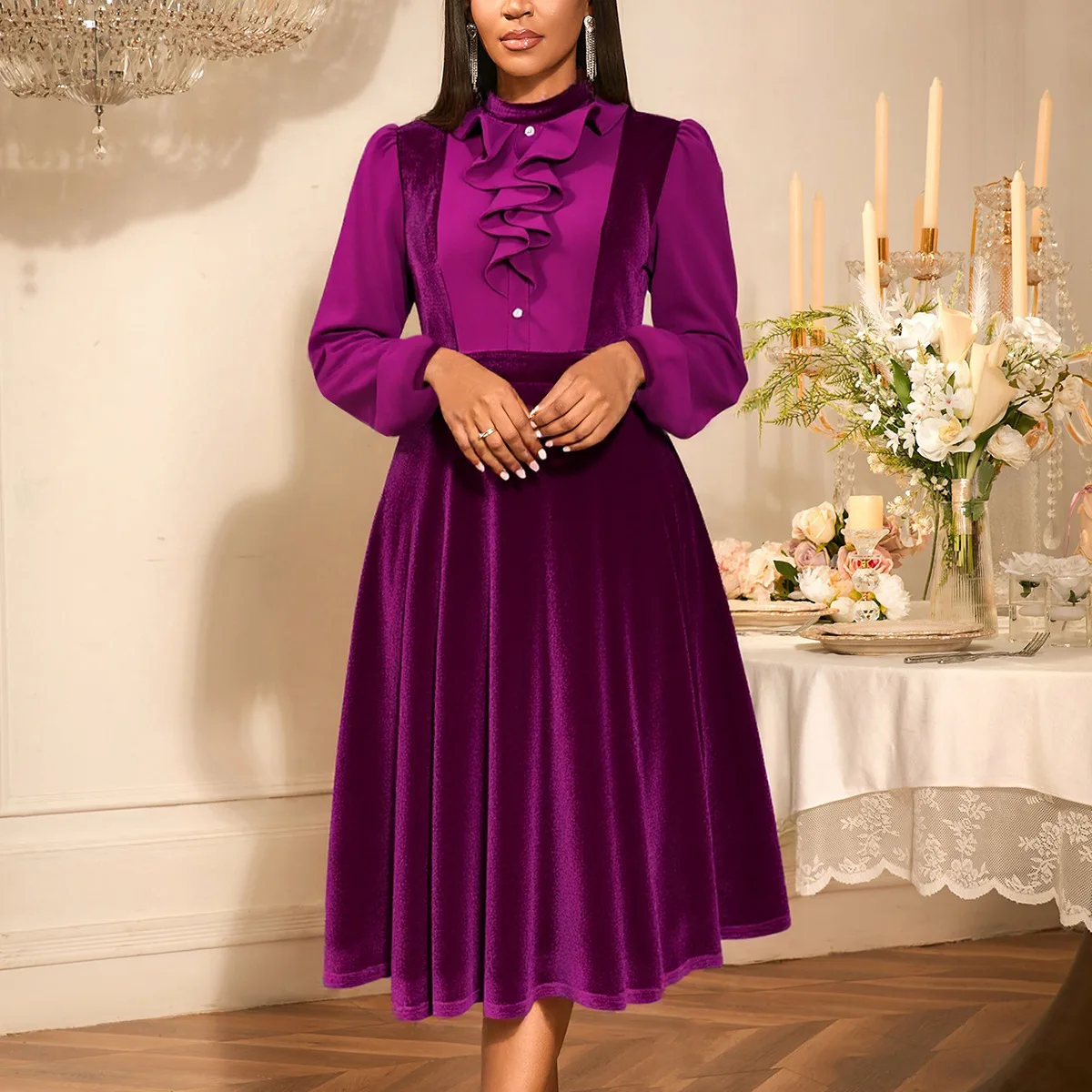 

Retro-Style Purple Velvet Banquet Party Dress Long-Sleeved Black Ear Trim Cinched Waist A-Line Skirt for Women