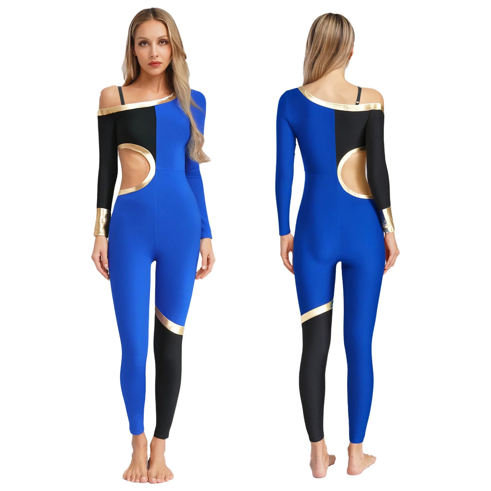 Elegant Women Jazz Jumpsuit One Shoulder Adjustable Spaghetti Strap Dance Leotard Long Sleeve Waist Cut Out Jazz Latin Dancewear
