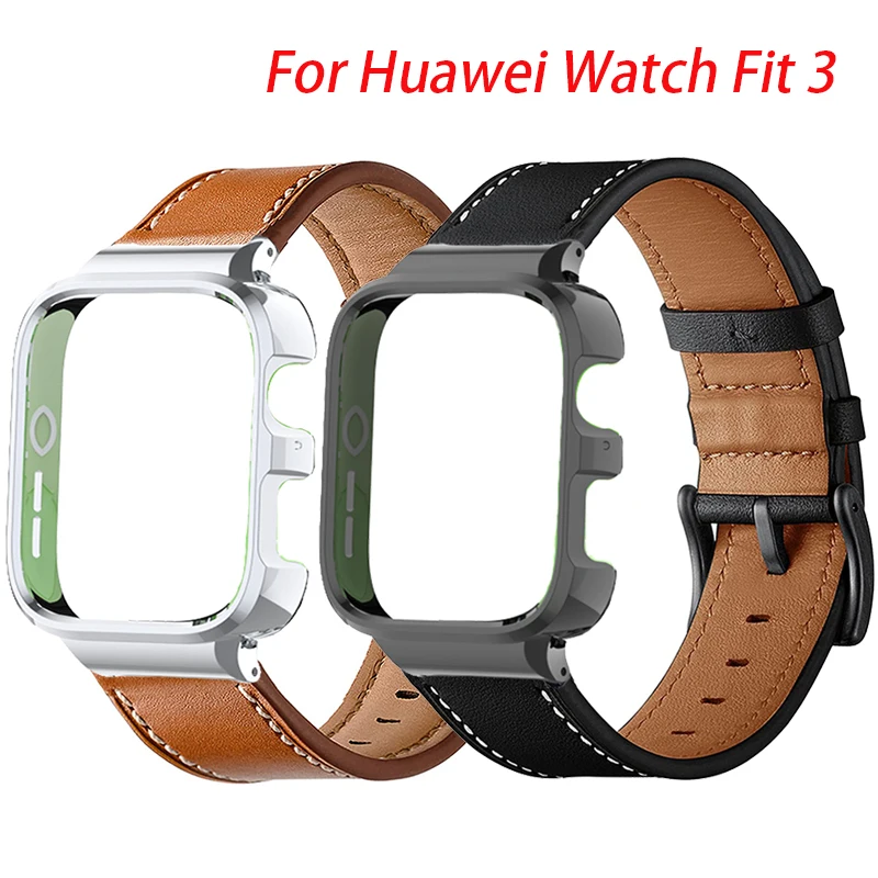

Ремешок для часов Huawei Watch Fit 3, кожаный ремешок для часов + металлический защитный чехол для часов Huawei Fit 3, защитный чехол для браслета