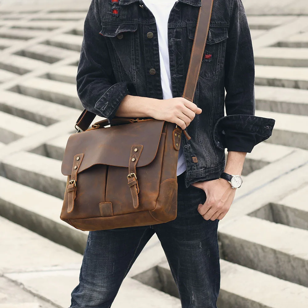 Vintage Crazy Horse Leather Messenger Bag for Men Genuine Cowhide Briefcase 14 inch Laptop Bag Commuter Single Shoulder Bag