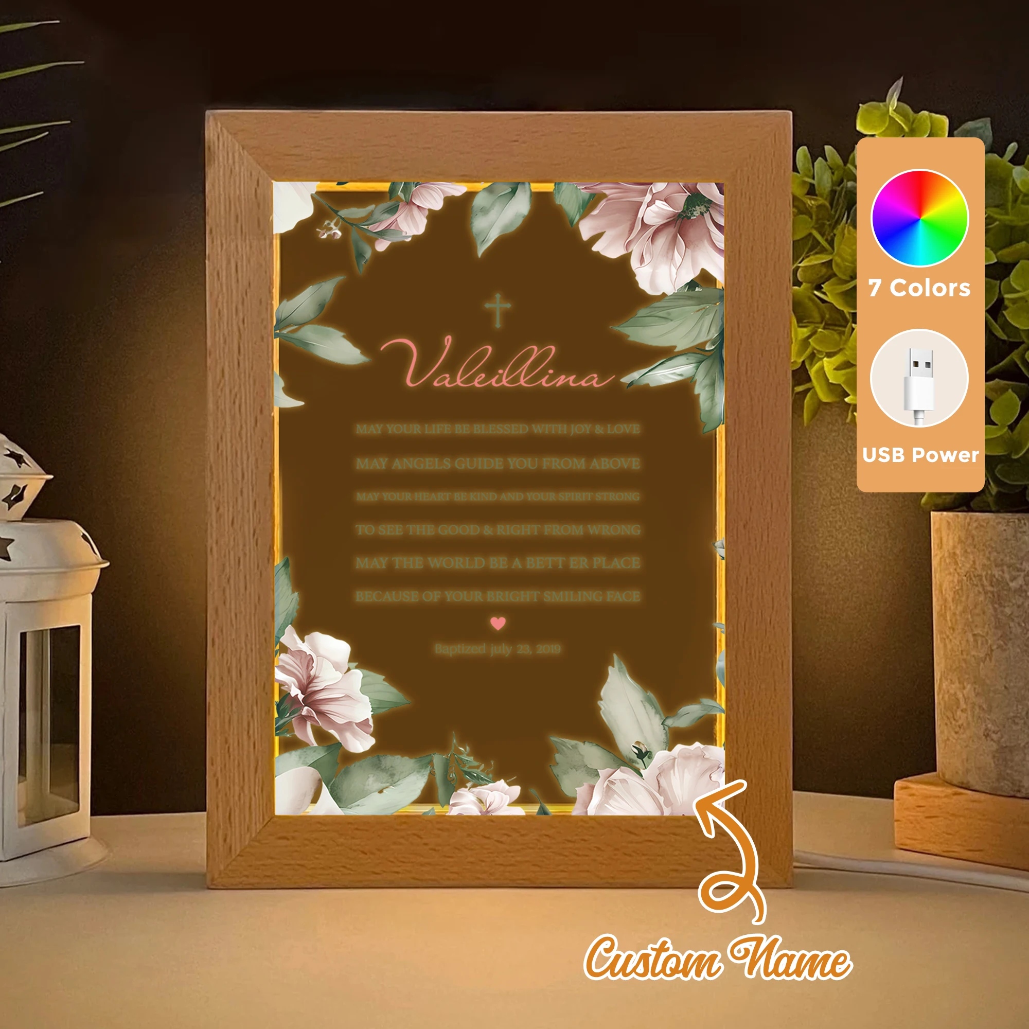 

2D Flat Custom Name Christian Sacraments LED Acrylic Night Light Wood Photo Frame 21x17cm Family Bedroom Gifts Home Decor