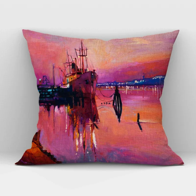 Oil Painting Scenic Print Cushion Cover Sunset Seaside Little Sailing Boat Landscape Throw Pillow Case for Home Sofa Decor