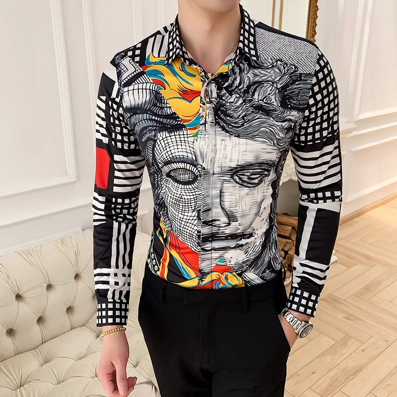 

New Autumn Fashion Boutique Print Shirt Men Casual Slim Fit Men's Long Sleeved Shirts Luxury British Style Social NightClub