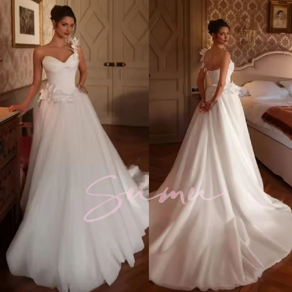 تخصيص الحبيب الرقبة مع 3D زهرة فستان الزفاف زر فستان زفاف الطابق طول Abito da sposa