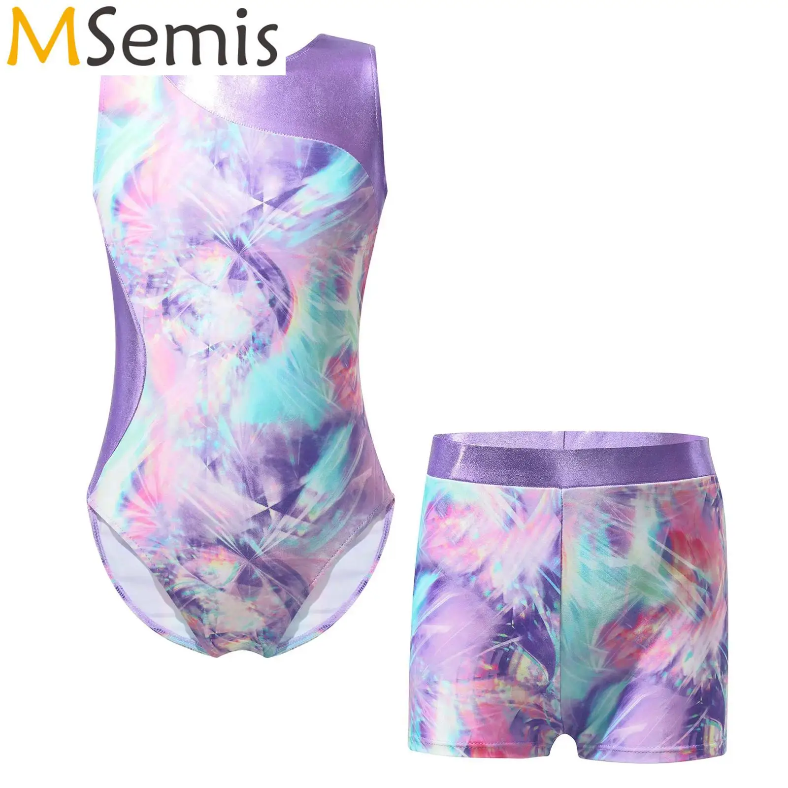 Kids Girls Printed Gymnastics Ballet Biketards Dance Outfit Sleeveless Patchwork Leotard Jumpsuit Elastic Waist Shorts Suit