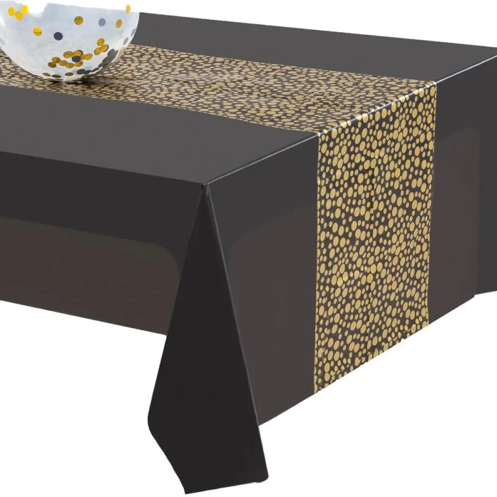 Black Gold Polka Dot PEVA Tablecloth, Waterproof Oil Proof Stain Resistant Design, For Birthday Wedding Party Decoration Use
