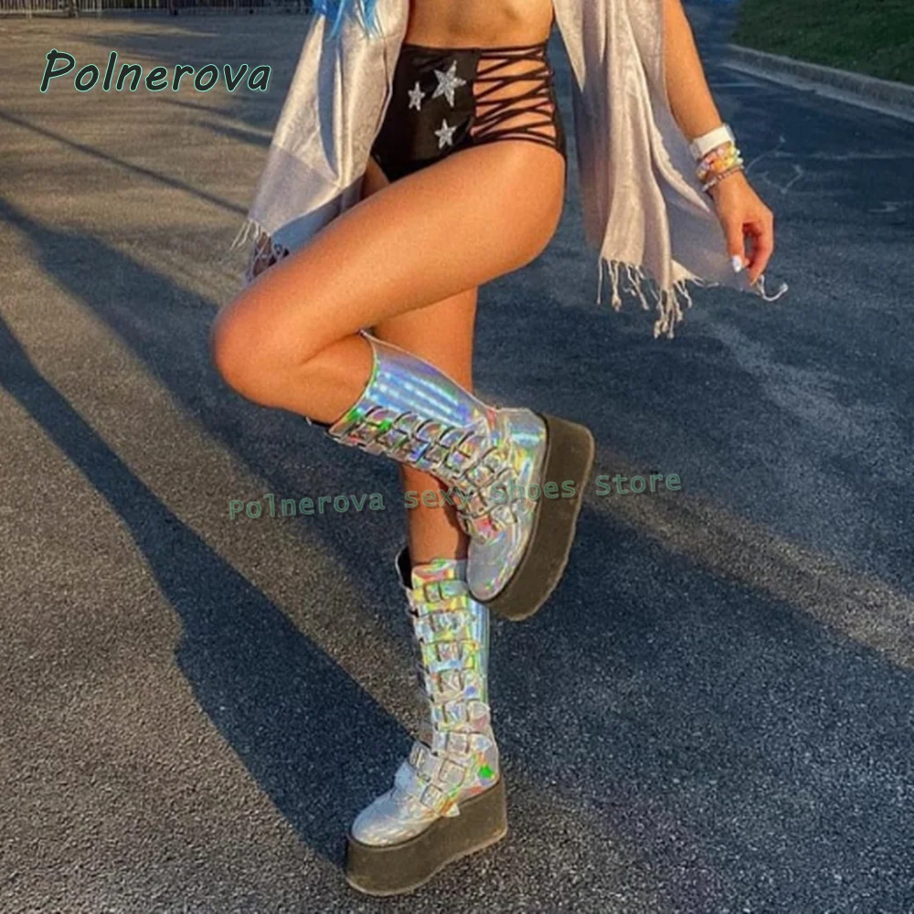Metal Belt Buckle Platform Motorcycle Boots Round Toe Wedge Patchwork Punk Dark Y2K Knee High Boots Subculture Style 2025 Newest view 3