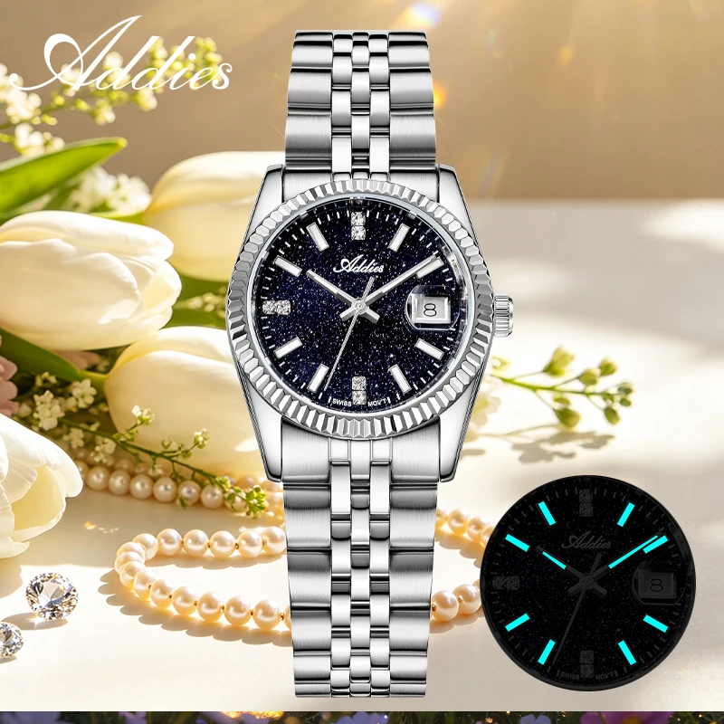 ADDIES Luxury Women Watch 28mm Sapphire Crystal Swiss 585 Quartz Movement 316L Stainless Steel 50M Waterproof Ladies Wristwatch