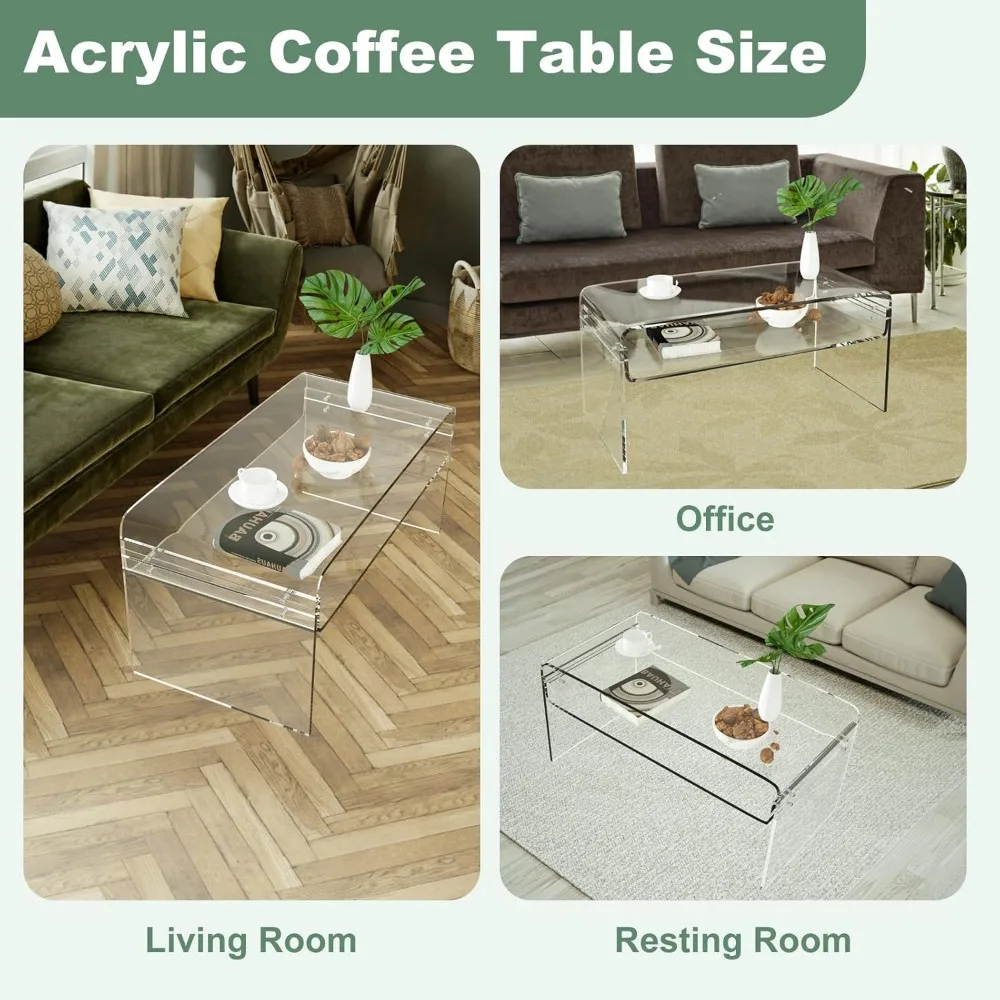 Acrylic Coffee Table, 31.5" Clear Coffee Table with Storage Shelf, Rectangle Centre Table