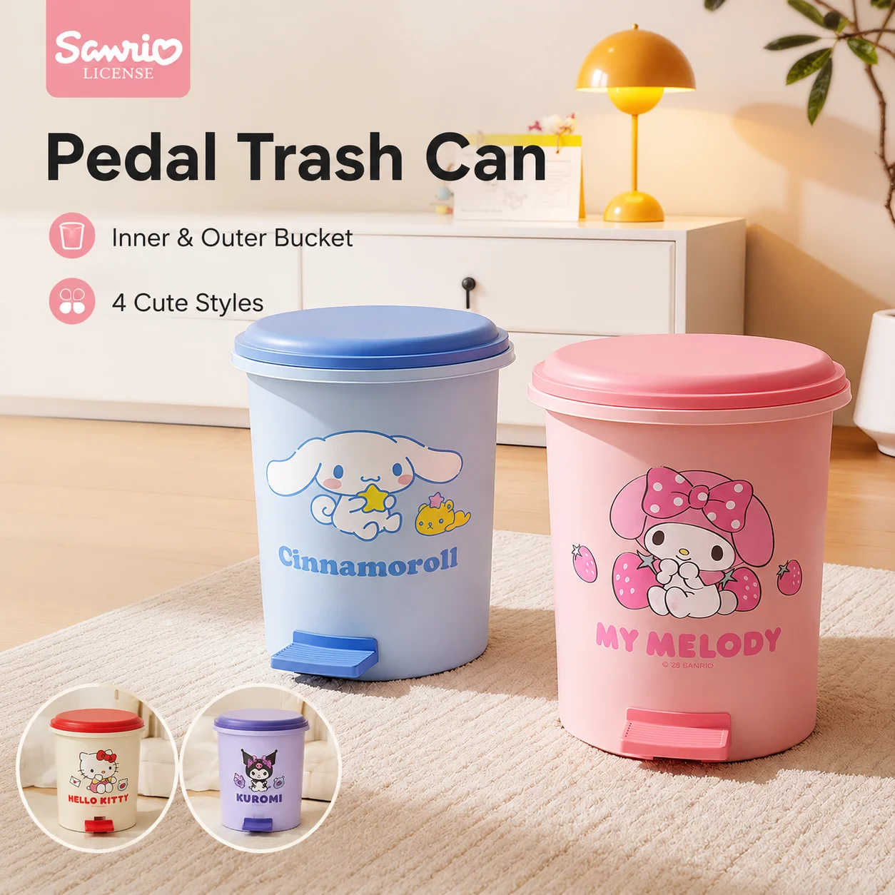 Sanrio My Melody Pedal Trash Can With Inner Bucket Cute Cartoon Portable Handle Waste Bin Household Kitchen Bathroom