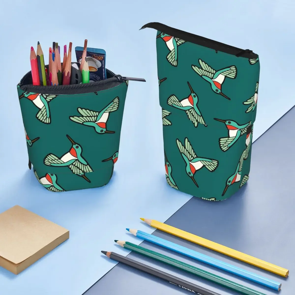 Wendbares Federmäppchen mit Kolibri-Muster für Kinder, Geschenke, Stiftbox, Bleistiftbeutel, Schreibwaren, Stifthaltertasche