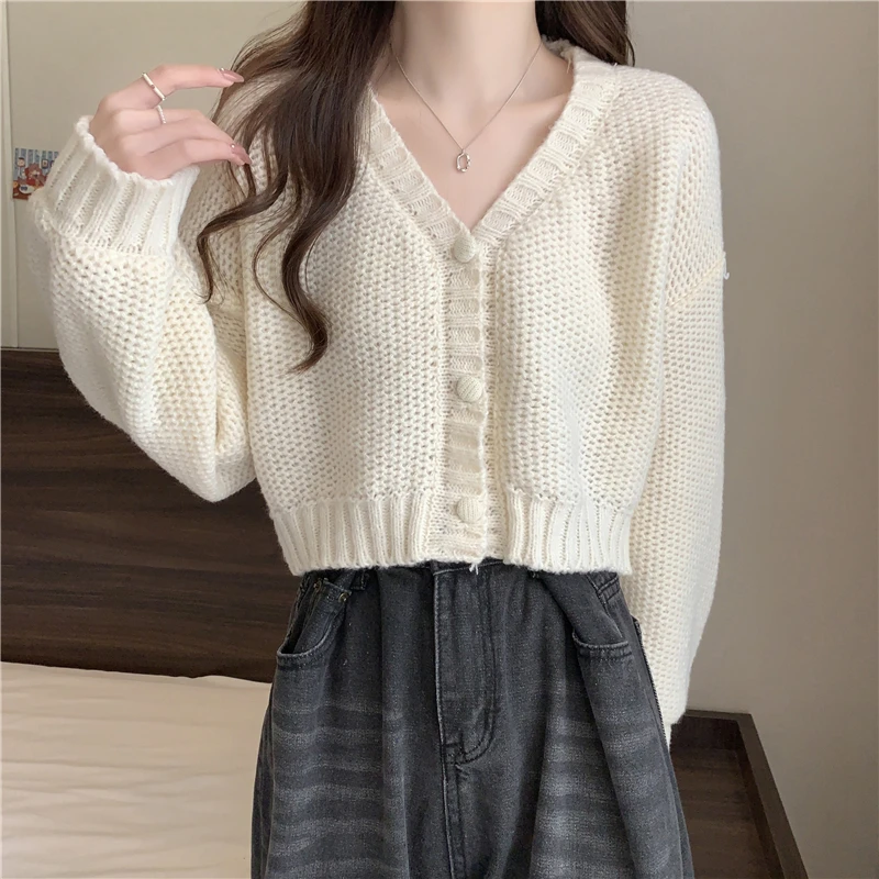 Cropped Boxy Button-Up Cardigan Sweater Women\'s Long Sleeve Plain Knitted Jacket Teen-girl Fall Winter Y2K 90s Outfit