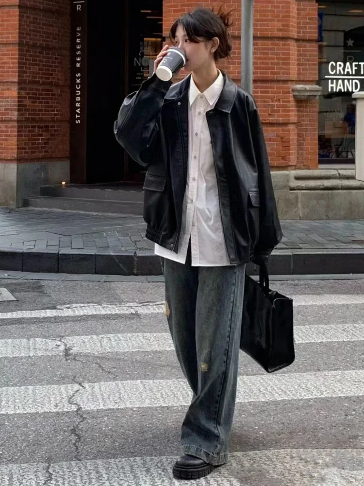 DINADD Giacca in pelle PU vintage Donna High Street Techwear Cappotti da motociclista oversize BF Punk Allentato Casual Capispalla corto