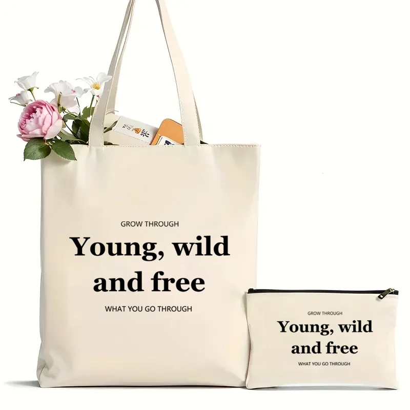 Young and Free Letter Print Shoulder Bag Korean Simple Casual Canvas Bag Students Large Capacity Letter Shoulder Canvas Bag