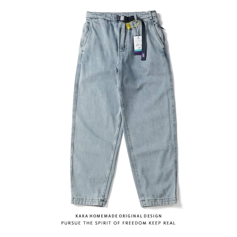جينز ياباني عتيق ملابس الشارع الشهير للرجال 100% قطن مريح مدبب وواسع الساق ريترو صالح سروال أزرق فاتح مدينة الأولاد الخريف #2