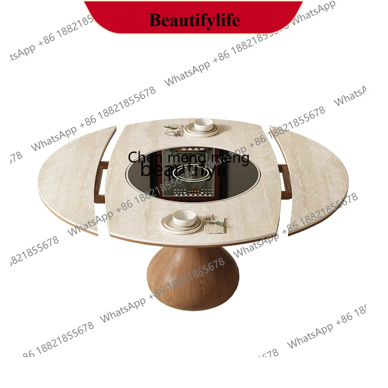 

z183 Slate solid wood embedded turntable induction cooker retractable square into round folding round table dining table househo