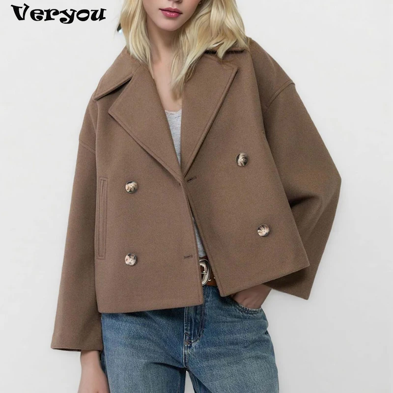 

Fashion Short Woolen Coat Women Autumn Winter New Style Long Sleeve Turn Down Collar Button Blazers For Women Jackets