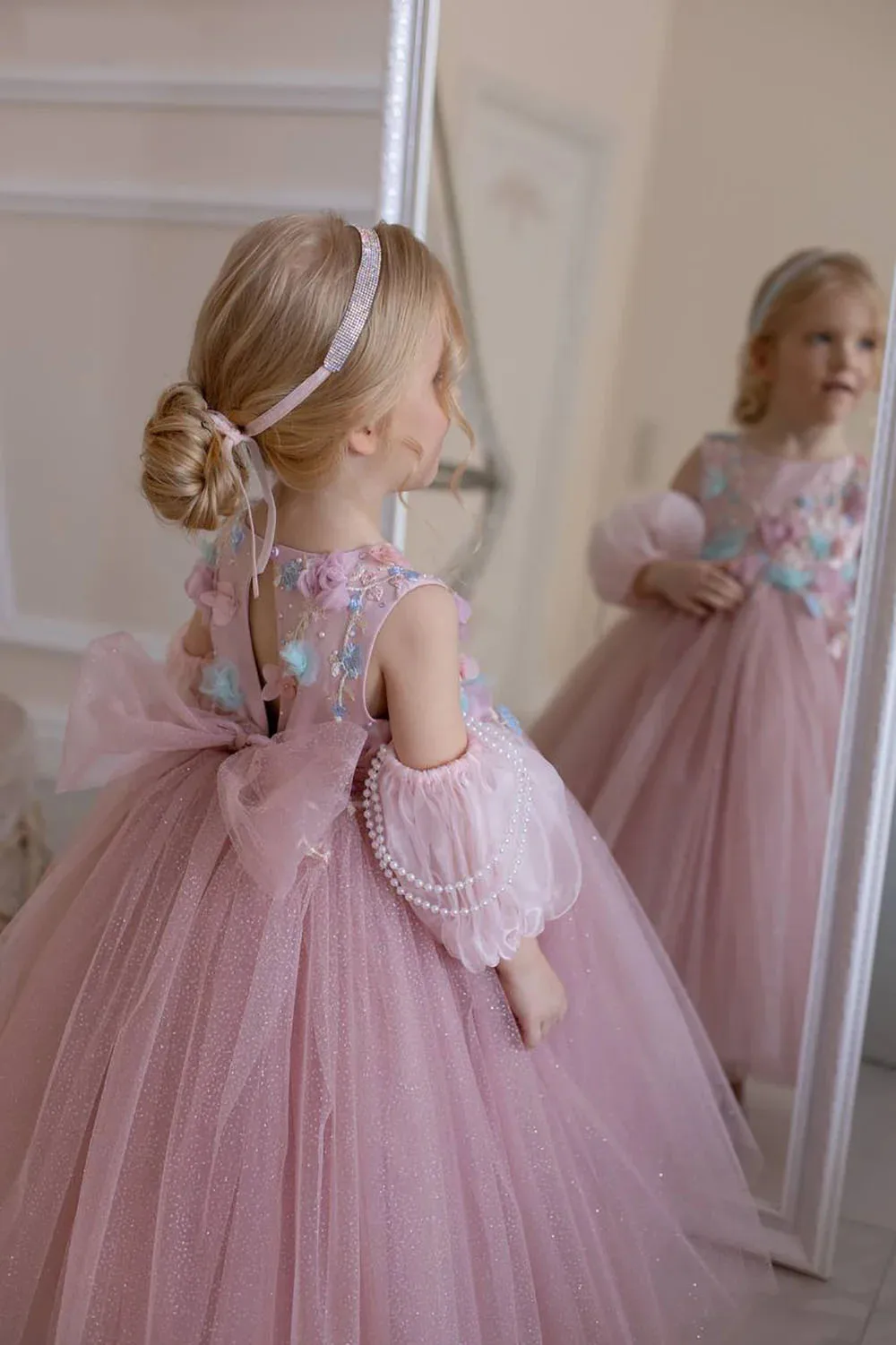 Пыльно-розовые платья с цветочным узором для девочек по индивидуальному заказу на свадьбу, тюль с 3D цветочным жемчугом, великолепное платье принцессы для фотосессии, дня рождения