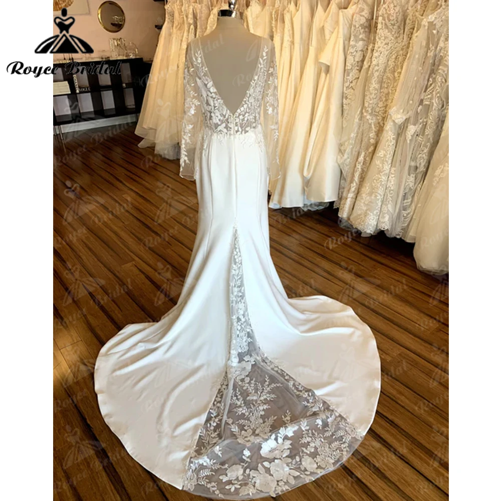 Robe de Mariée Sirène en Dentelle à Manches sulfet Col en V pour Femme, Vêtement Transparent