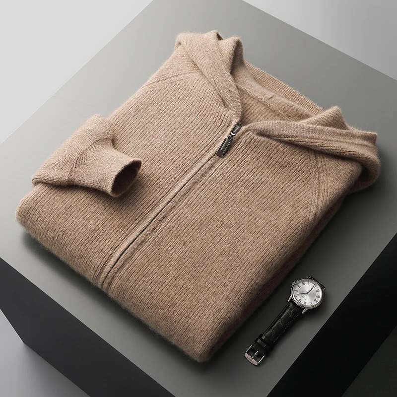 Autumn and winter new 100% merino wool men's sweater zipper hooded cardigan solid color long sleeve casual warm knit coat.