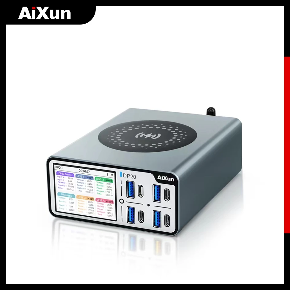 RR AIXUN DP20 USB Charger Station With Wireless Charging Digital Display Curve Interface and Visible Data Can Upgrade Online