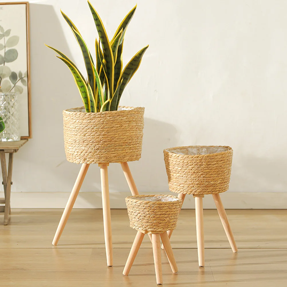 Wood Woven Plant Pot on Standing Legs Household Planter Pot Basket Wood Flower Basket Weaving Flowerpot Storage Basket