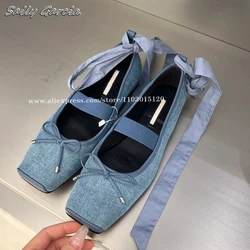 Retro Denim Blue Front Strap Lace Up Ballet Style Flats 2024 NEW Classic Butterfly Knot Flats Square Toe Shallow Casual Shoes