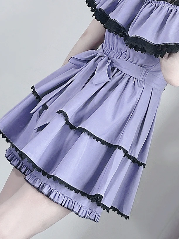 Traje Y2K de estilo japonés Mine producido en masa, minivestido ajustado con cordones y cuello tipo capa de encaje con lazo, pantalones cortos de cintura alta, conjunto de dos piezas para mujer