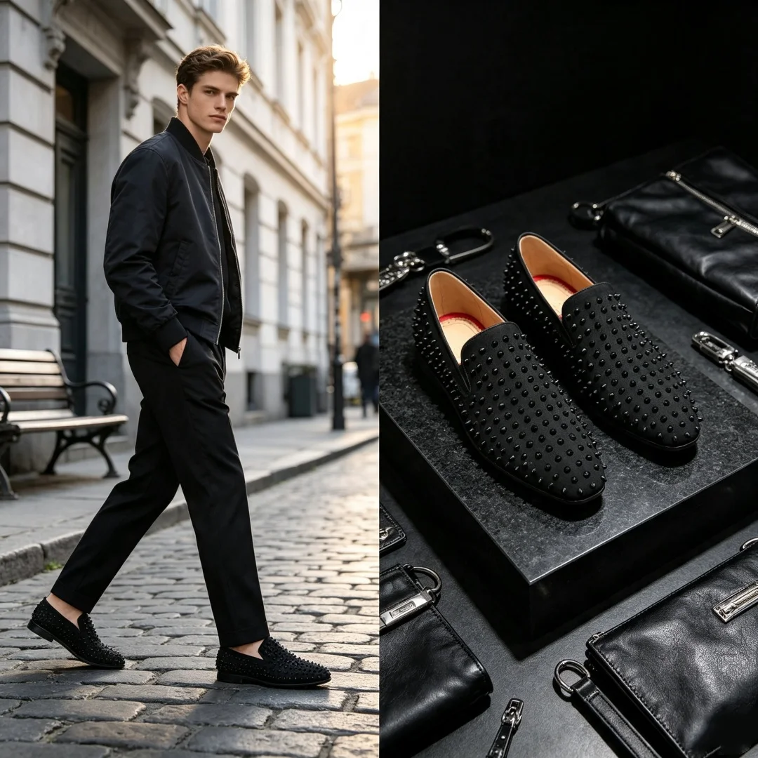 Men Punk Rivet Loafers Black Suede Slip On Shoes Glitter Spikes Decor Formal Dress Shoes Club Party Evening Footwear For Male DE