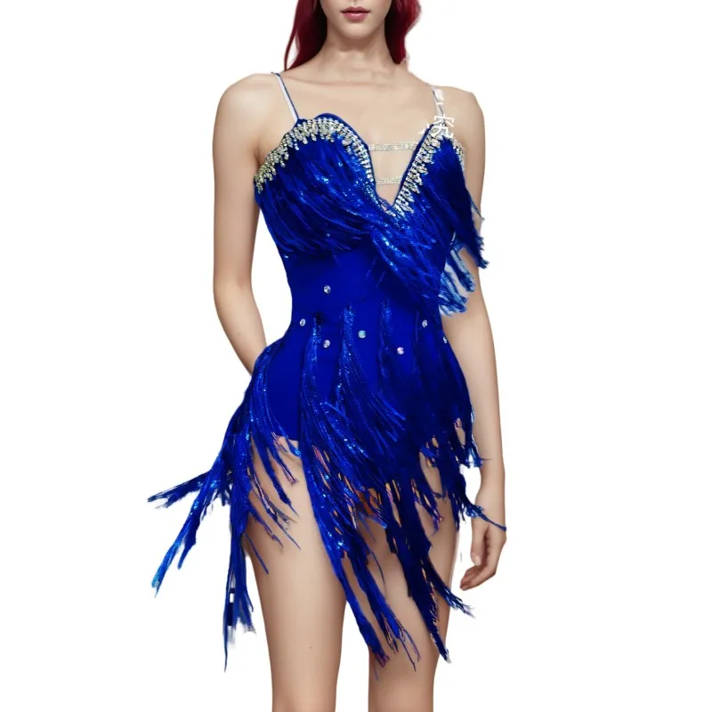 Women Latin Dance Dress Blue Sequins Tassel Rhinestones Bodysuit Samba Ball Performance Clothes Bar Nightclub Sexy Stage Costume