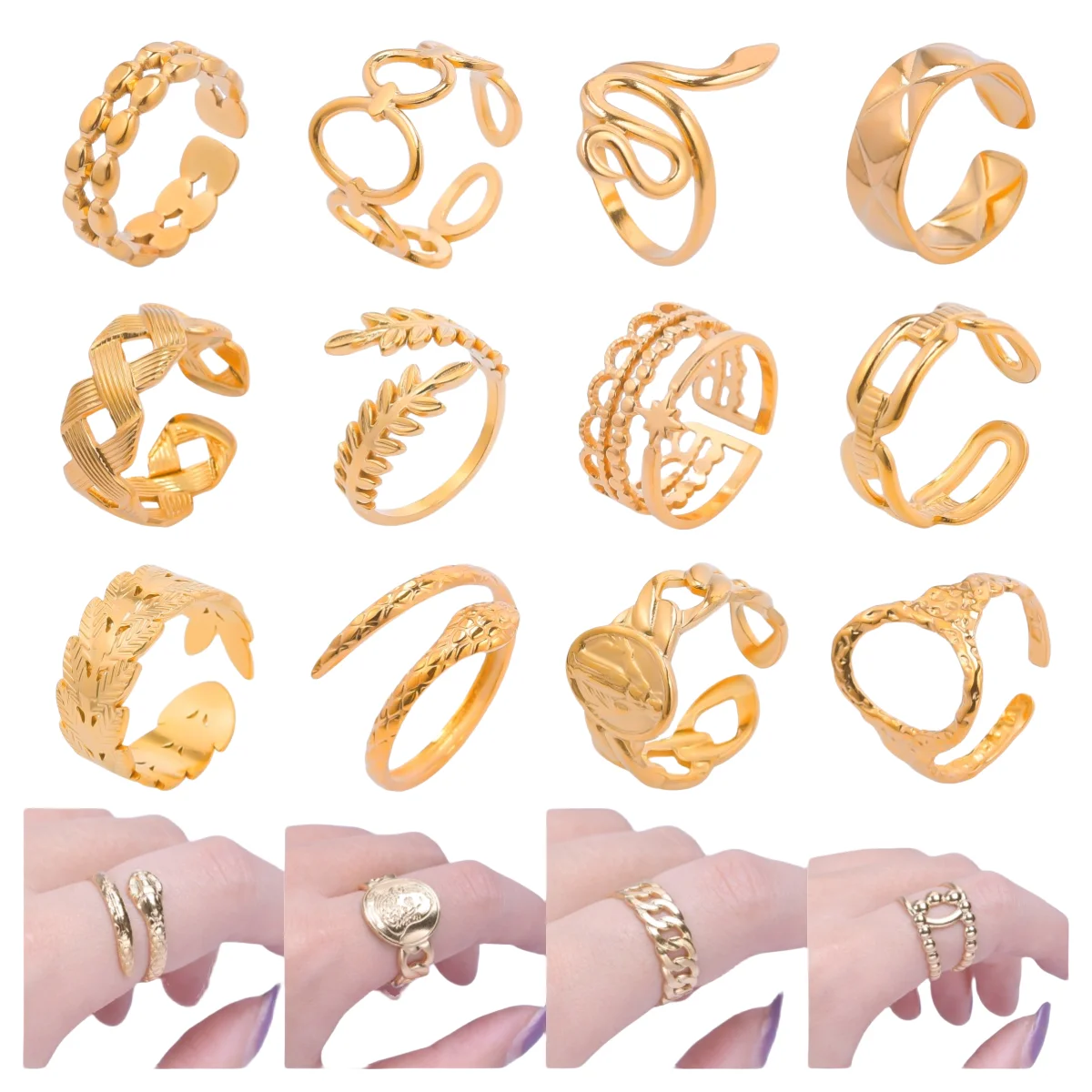 

5pcs Retro Gold Color Real Gold Plated Stainless Steel Jewelry Charm Resizable Open Finger Ring Minimalist Style Wedding Gift