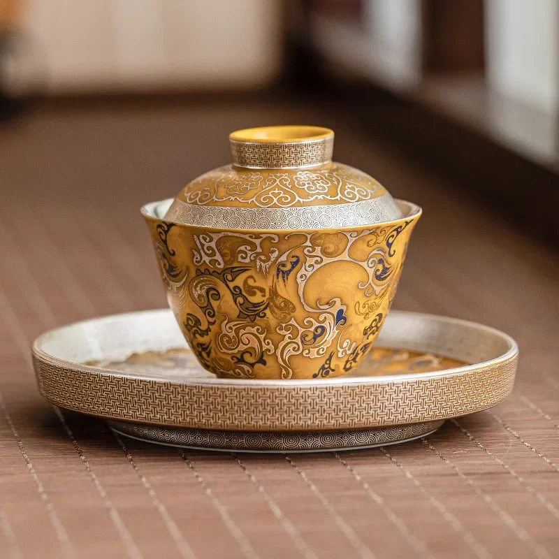 140ML Hand-painted 999 Silver Longteng Sihai Cover Bowl Ceramic Cover Cup Household Ercai Tea Bowl High-end Collection Gift Box