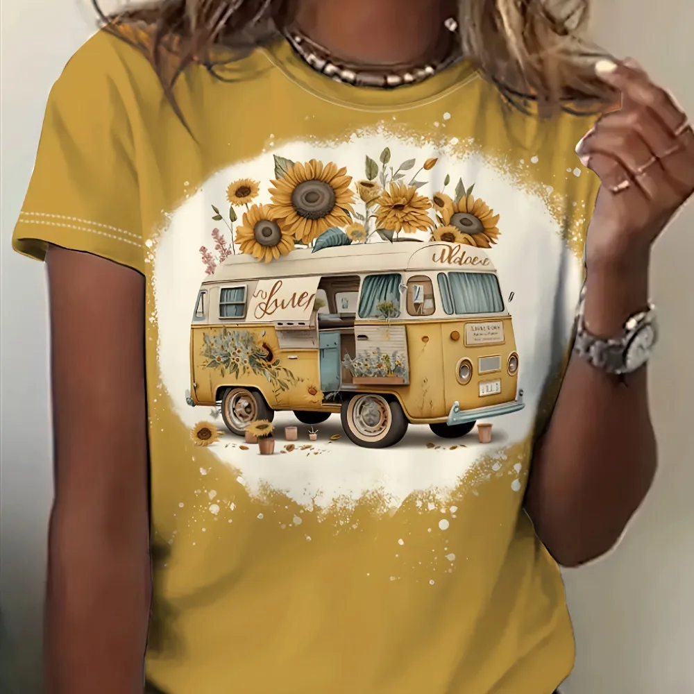 Womens Fashionable Sunflower Vintage Car Print T-shirt - Stylish Casua Crew Neck Short Sleeve Top for Lightweight Summer Wear