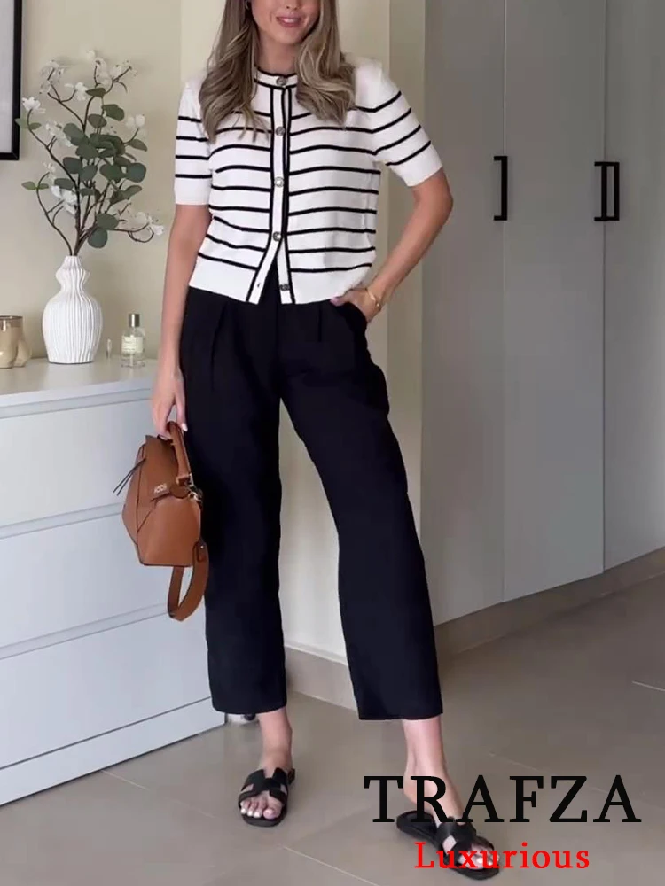 KONDALA Vintage Casual Chic kobiety Top w paski jednorzędowy z okrągłym dekoltem i półrękawem dzianinowy Top nowa moda 2023 jesienne wakacje Top