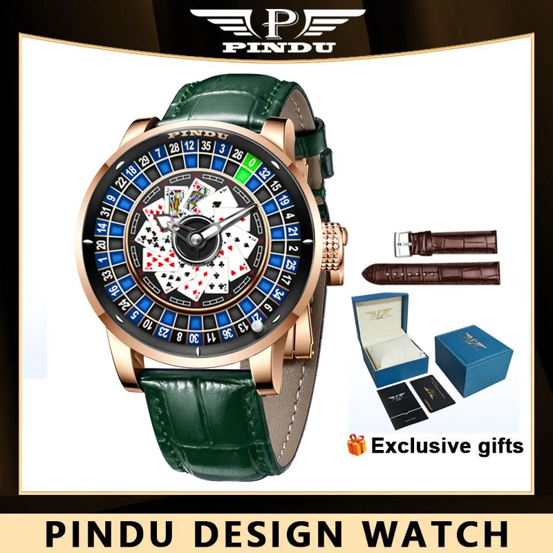 PINDU Watch NH35 Men Mechanical Watch Rotating Roulette Poker Theme Spades Luminous Personalized Pointer Automatic Watch