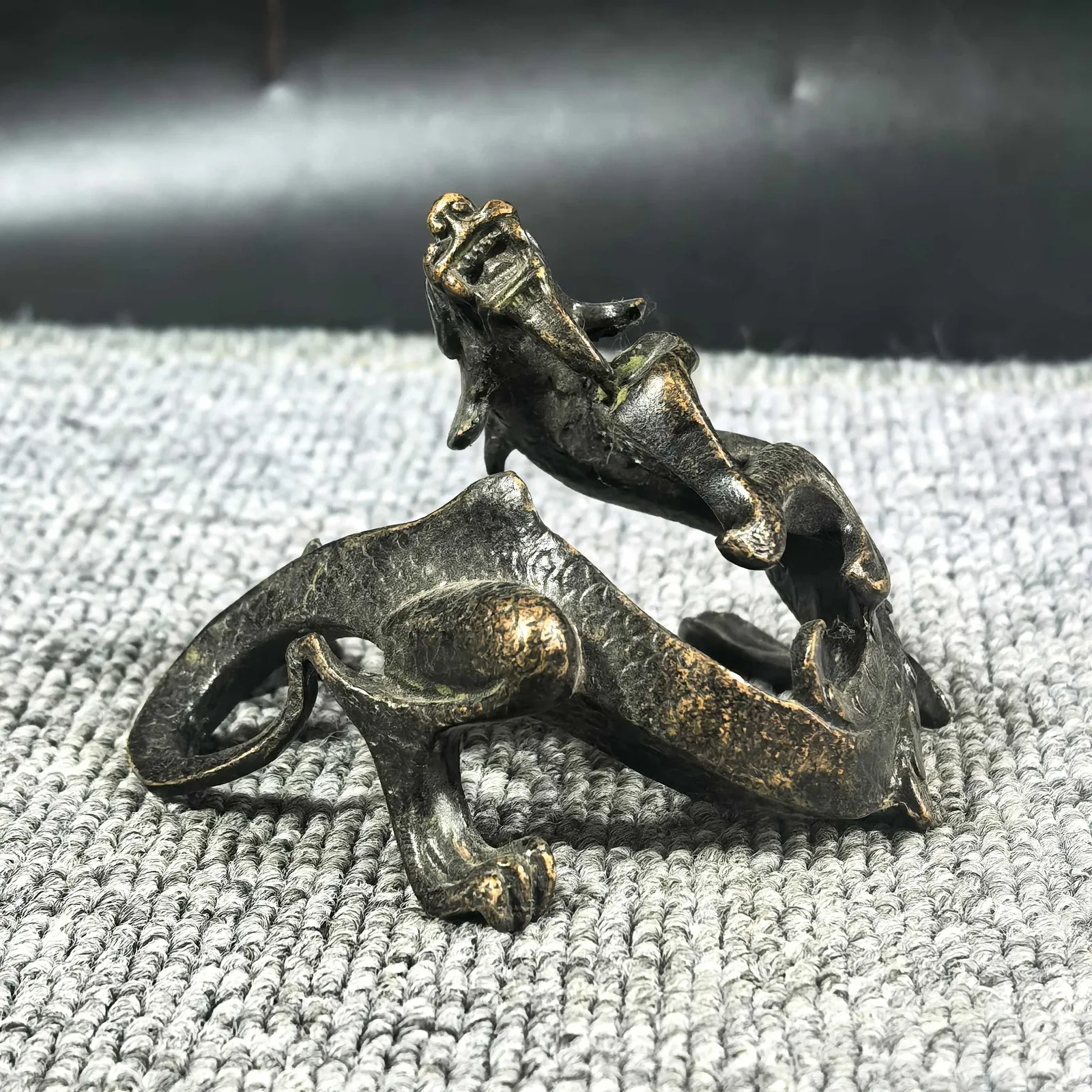 Antique Patinated Bronze Coiled Dragon Brush Rest Scholar Collectible