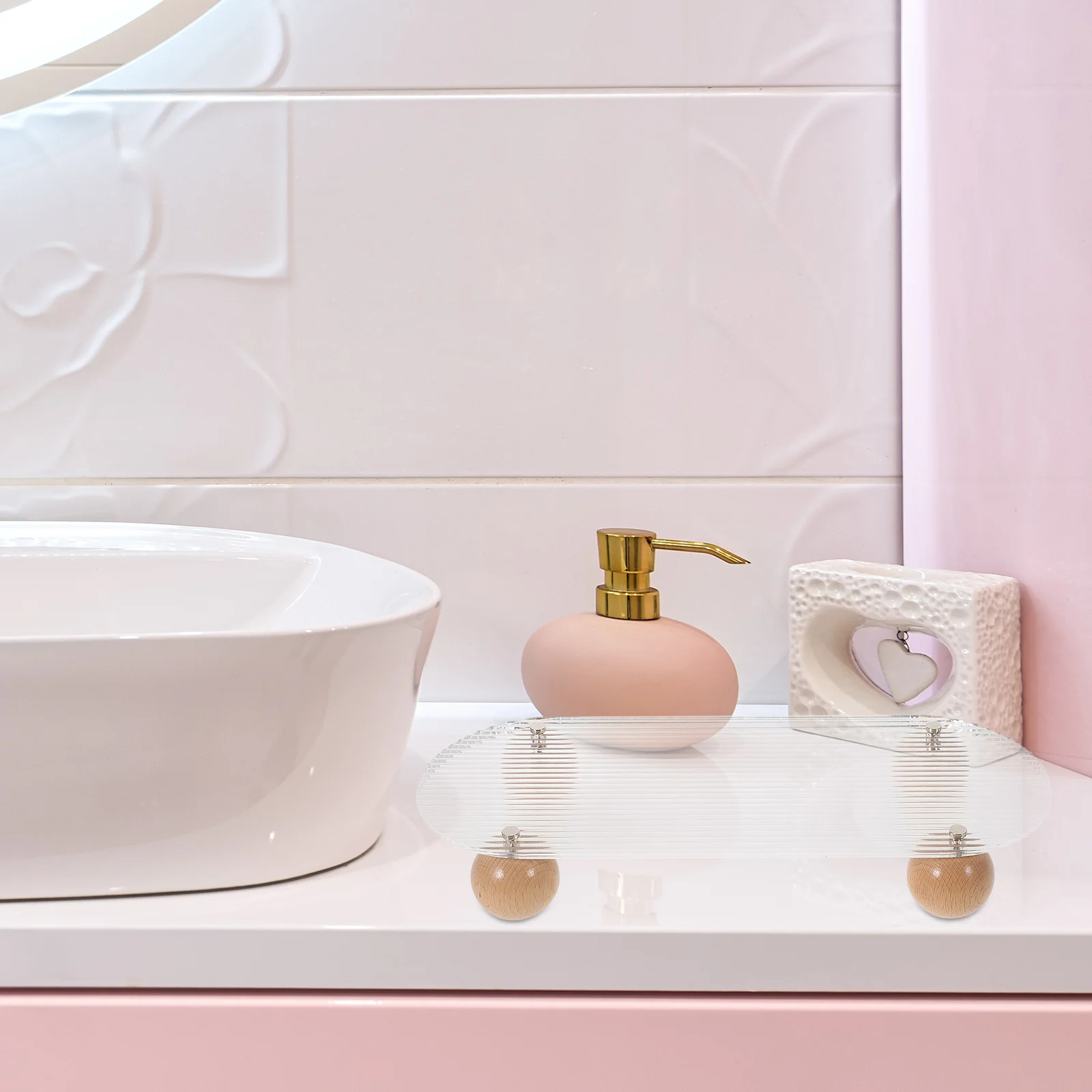 Nampan Akrilik Bergaris untuk Kamar Mandi, Organizer Parfum, Tempat Makeup, Nampan Parfum Meja Rias
