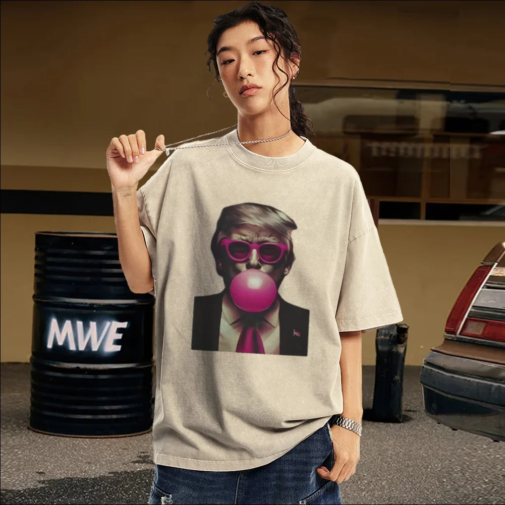 Trend Us President Trump Graphic Printing T-Shirt Retro Washed Denim Fabric 2024 New Loose Shoulder Short Sleeves image 3