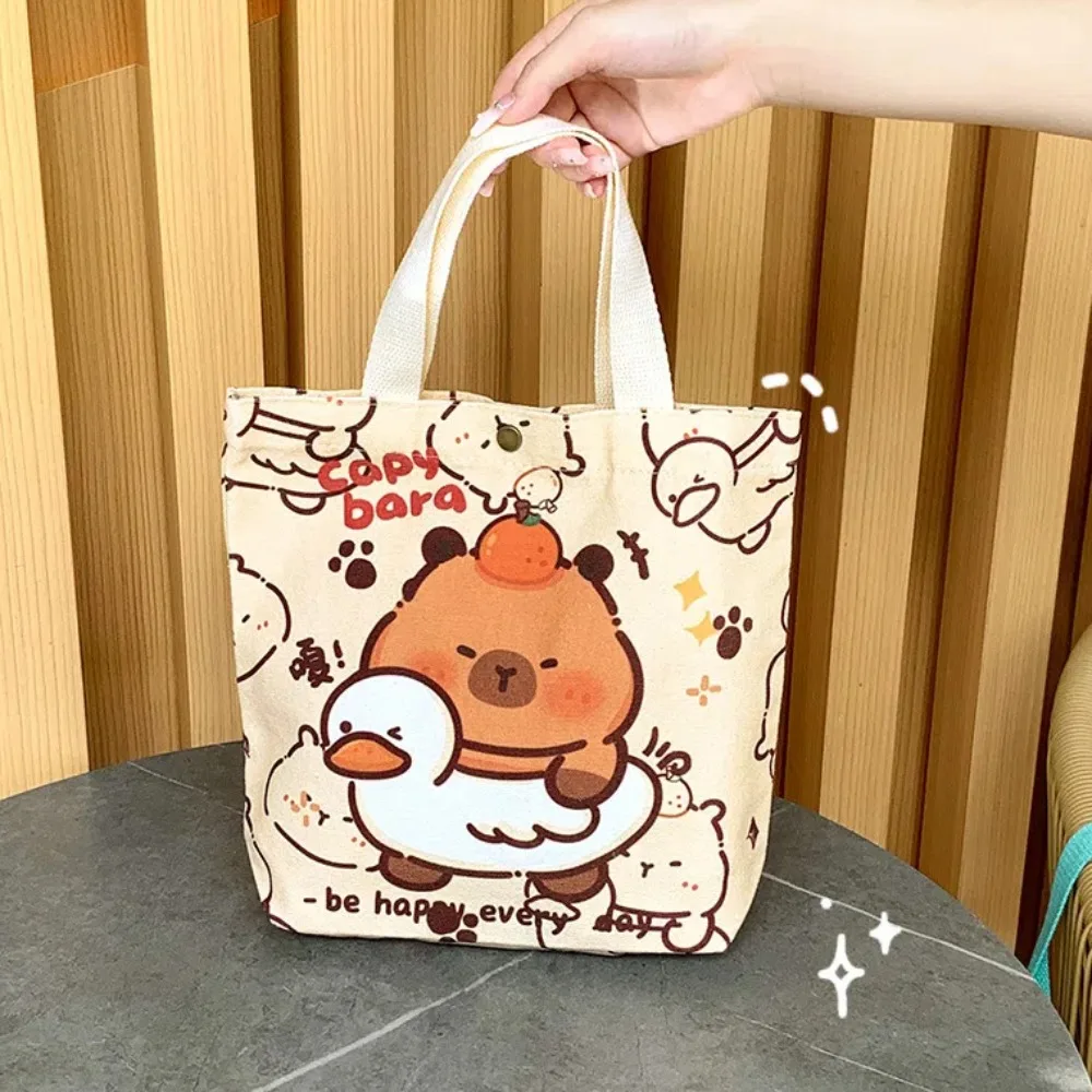 Tote Bag Canvas Capybara Shoulder Bag Button Tangerine Animal Printed Handbag Goose Large Capacity Cartoon Shopping Pouch Girls