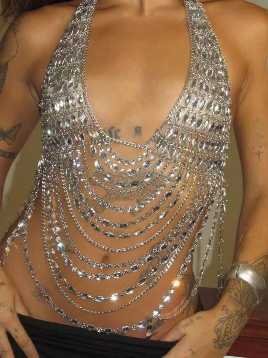 

Ladies Summer Crop Top Diamond Shiny Transparent Vest Chain Festival Nightclub Women's Style Polyester Fabric No Padding