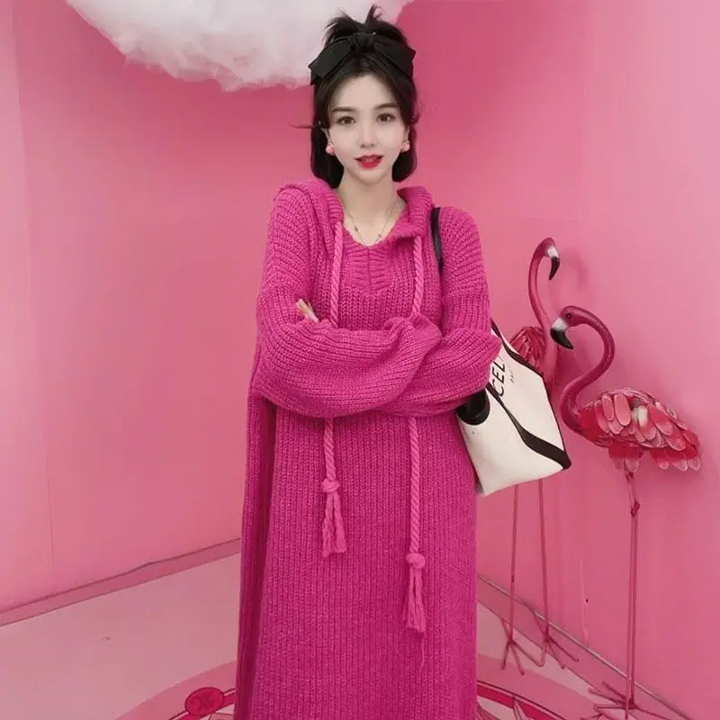 Bottom Hooded Knitted Dress with Lazy Winter Style Medium Long Loose Flesh Blocking Thick Dragon Fruit Colored Sweater Dresses