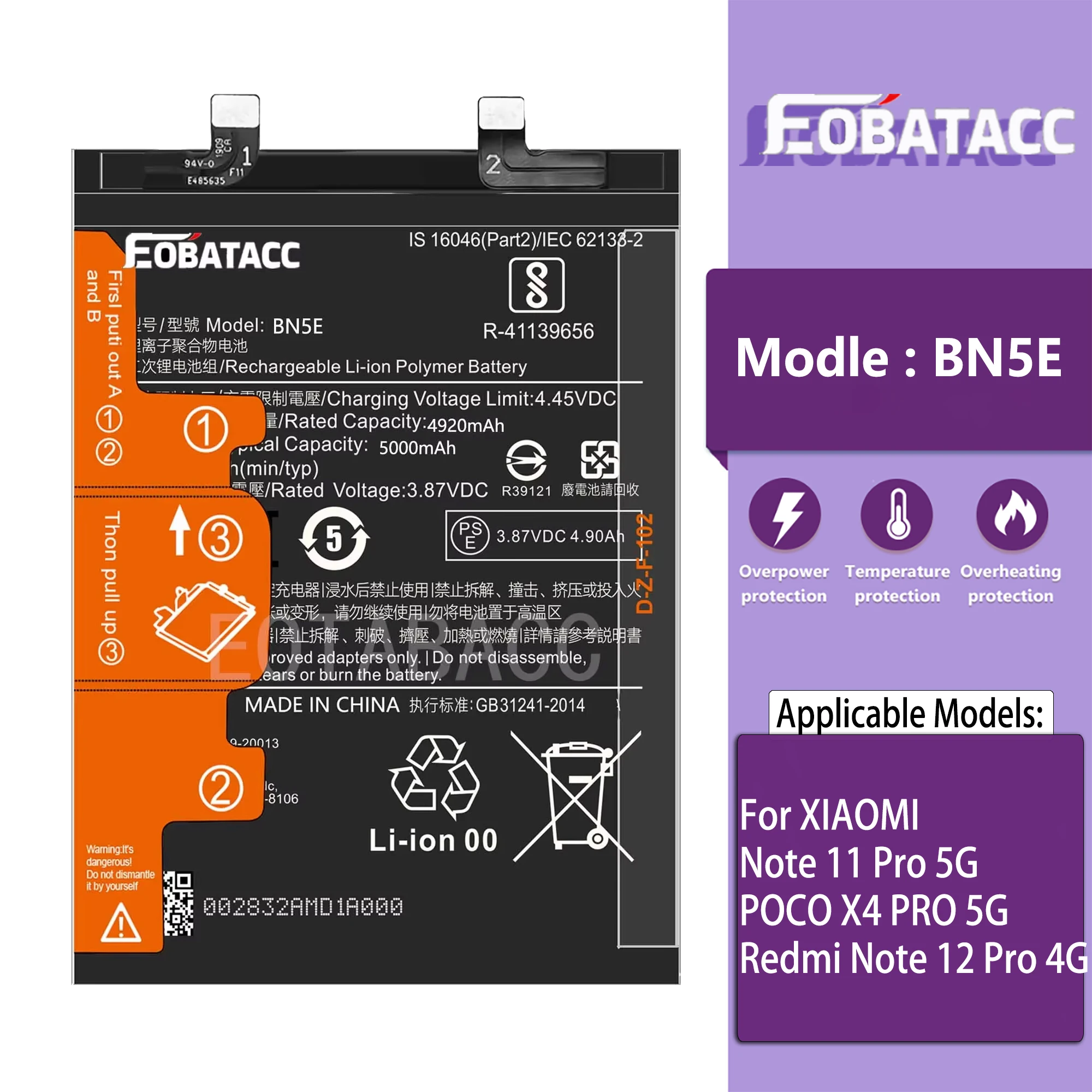 

EOTABACC 100% New Original Battery BN5E For XIAOMI Note 11 Pro 5G/ POCO X4 PRO 5G /Redmi Note 12 Pro 4G Battery +Tools