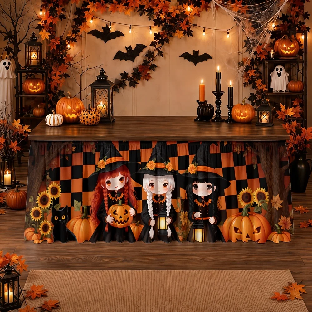 Falda de mesa con temática de Halloween, bruja de dibujos animados, calabaza de Halloween, gato negro, girasol, fondo de tablero de ajedrez