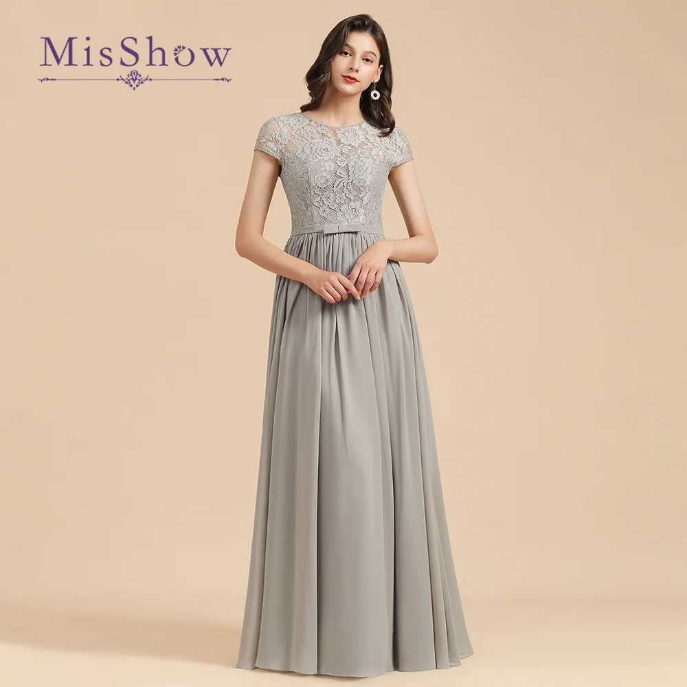 MisShow Custom Silver Grey Long Bridesmaid Dresses Modest Chiffon Multi-Layer Lace Evening Gowns for Wedding Party Robe De Soire