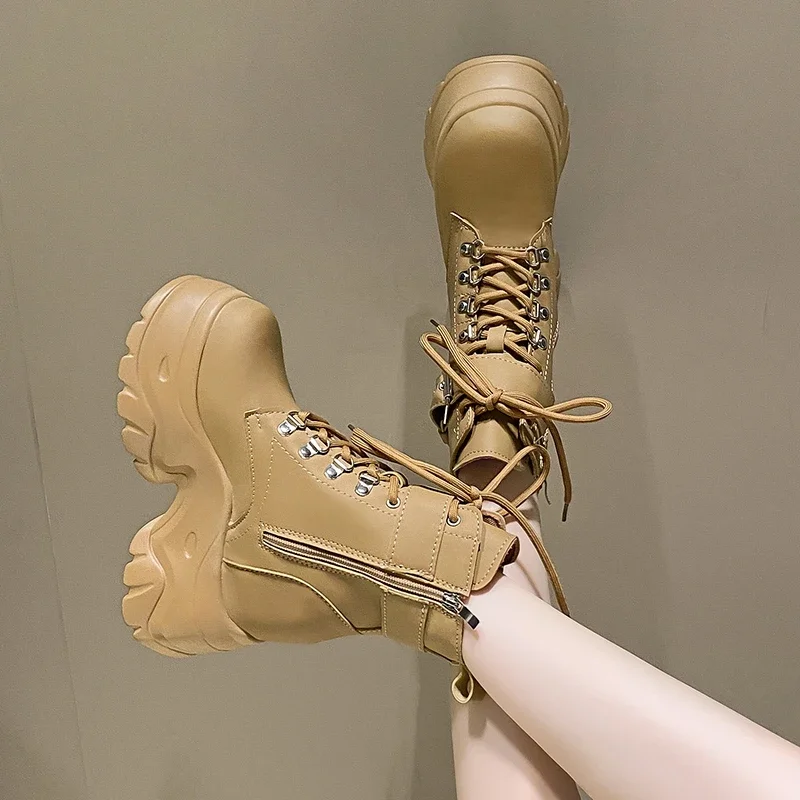 Women High Heels 9CM Thick Heel Ankle Boots Leather Chunky Shoes Autumn Winter Woman Punk Boots Platform Sneaker Botas Designer